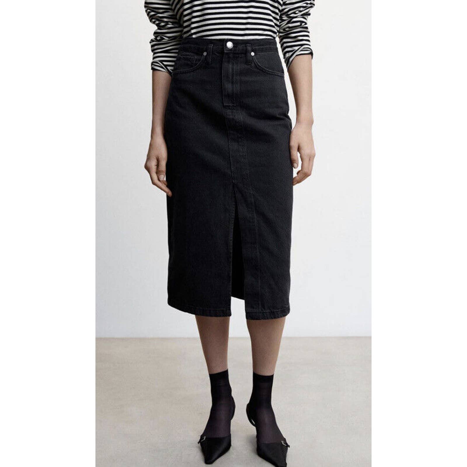 Mng Black Front Split Midi Denim Skirt Size M